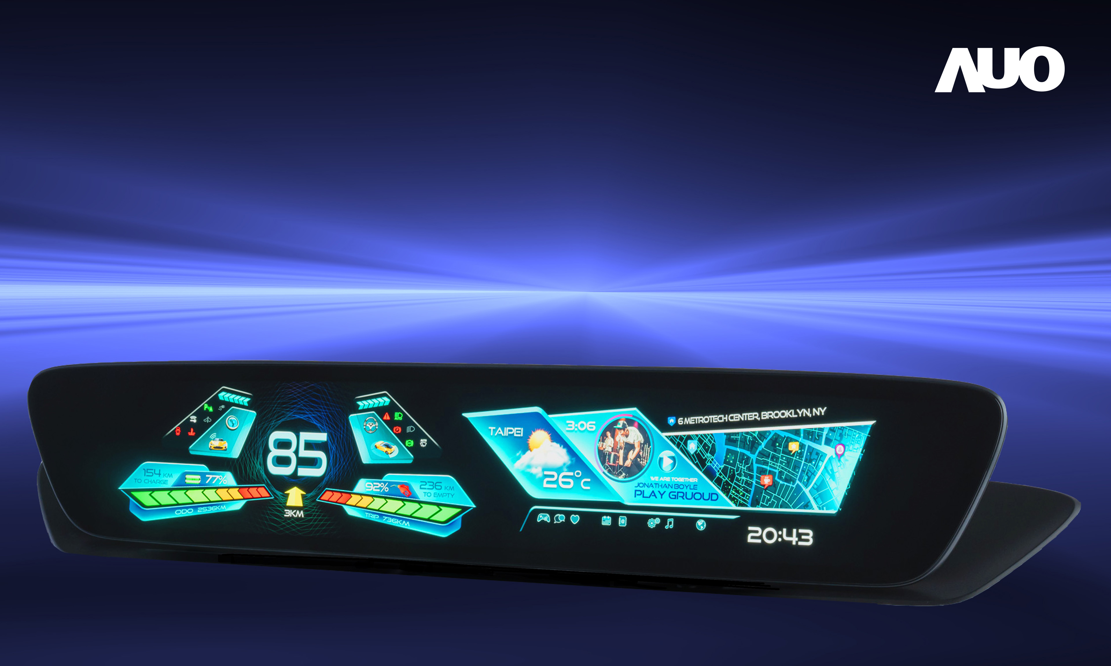 友達30.4吋異形曲面AmLED車載顯示系統，為一兼具儀表板及中控台人機介面的創新車載顯示系統，結合美學設計，提升車內科技沉浸感及使用體驗，讓車載顯示的未來應用更加多元化