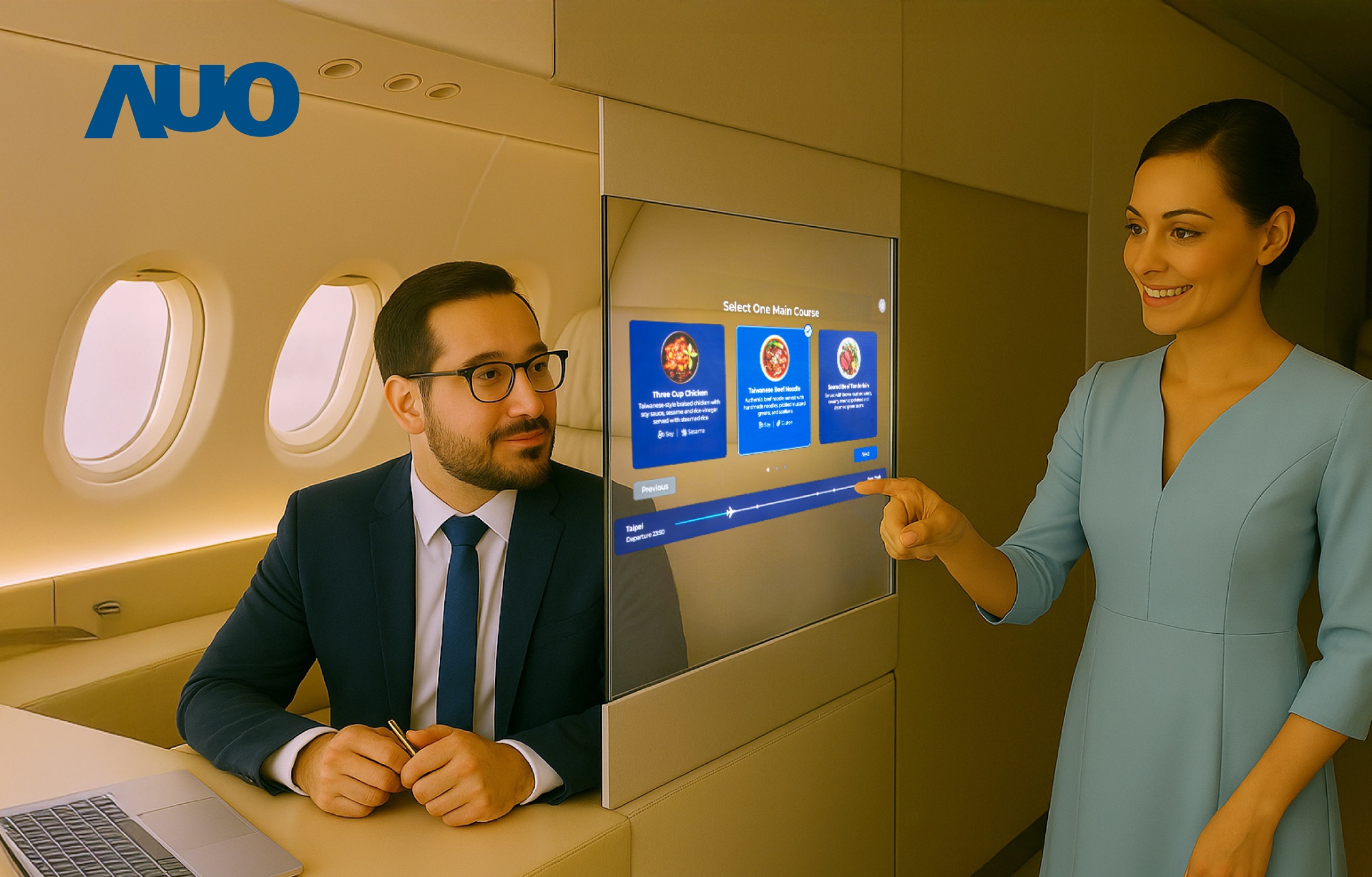 悟空体育研发全球最薄17.3 吋双面透明 Micro LED 显示器，可在同一屏幕之双边投射不同信息，创造独特的&rdquo;透明化&rdquo;互动；图为实时翻译交流应用情境