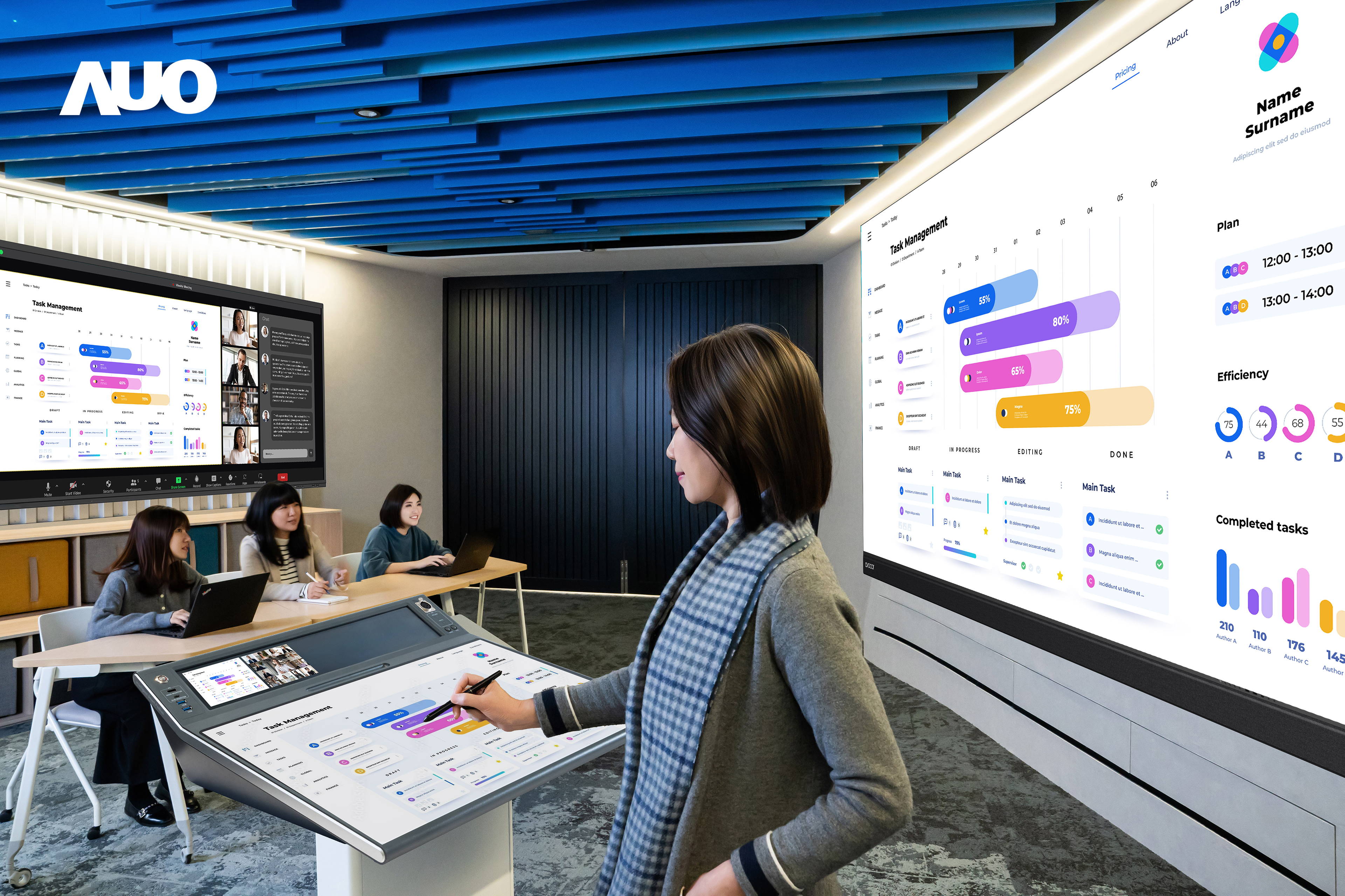 达擎携手Avocor与Rise Vision展示全方位商务领域应用，包含采用模块化设计的138吋一体式All-in-One LED显示器及具21:9超宽比例的92吋交互式电子白板（IFPD），讲者可轻松分享内容，有效提升会议协作效率。